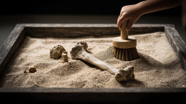 Child Discovering Fossils in a Sandbox with Tools for Exploration - Powered by Adobe