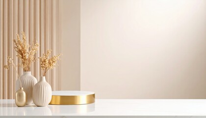 Elegant floral arrangement on minimalist tabletop modern interior photography calm atmosphere close-up view home decor concept