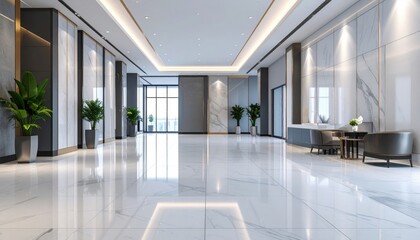 Modern lobby design office building interior space minimalist style wide angle view luxury concept