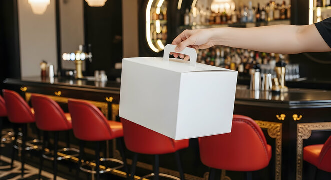 Takeout Order at a Chic Bar: Close-up of Hand Holding a White Box Against a Stylish Bar Setting with Red Stools and Bottle Display