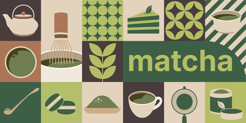 vector geometric matcha japanese culture concept, flat pattern element design,food and drink concept