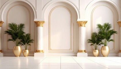 Elegant interior design featuring golden columns and green plants modern space minimalist style bright lighting