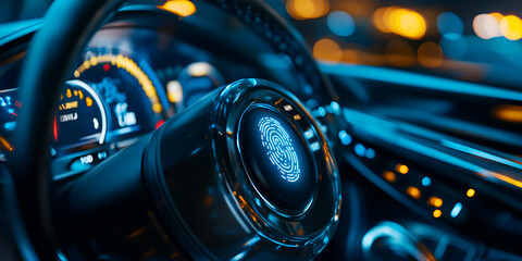 Close-up of luxury car steering wheel and dashboard illuminated, Modern car dashboard with glowing lights and advanced control, Luxury car interior with illuminated digital dashboard at night