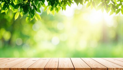 Sunny outdoor nature scene with green leaves over wooden table in bright environment for relaxation