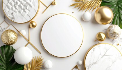 Elegant golden and white decor elements for stylish events studio setup decorative content clean environment top view