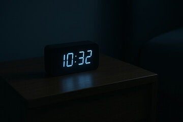 Modern digital clock glows softly on a dark wooden bedside table at night showing the time.