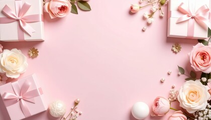 Gift presentation with pink flowers and boxes soft background decorative arrangement elegant atmosphere