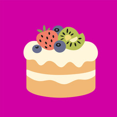 Layered fruit cake topped with strawberry kiwi blueberries vector icon