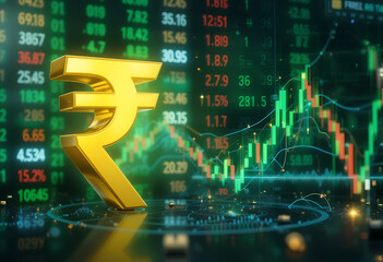 Indian Rupee Symbol Amidst Stock Market Charts and Financial Data