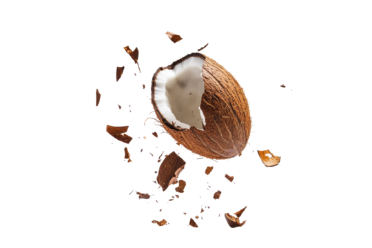 Coconut falls and cracks open, revealing fresh white flesh in a dramatic isolated shot against a clean white background