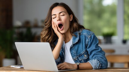 Tired young woman yawning at laptop