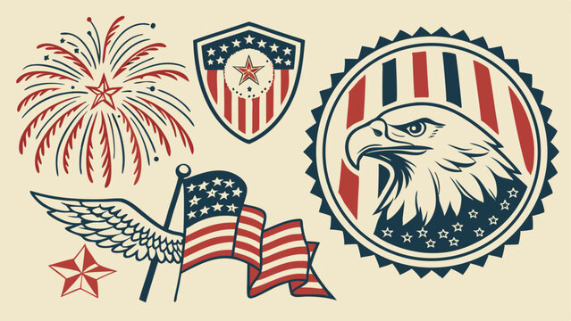 Illustration featuring american flag, eagle, fireworks and patriotic symbols for independence day celebration
