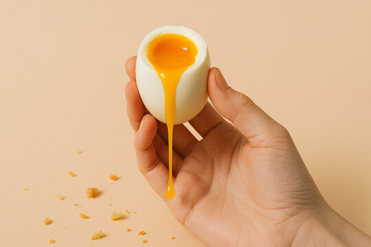 Delicious Soft Boiled Egg Yolk Dripping from a perfectly cooked egg held in a hand against a pale background.