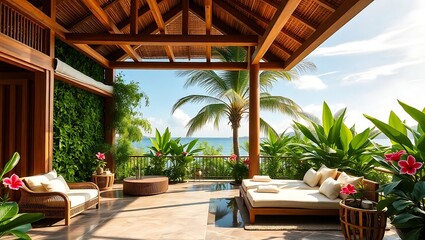 Fototapeta premium Luxury tropical patio with ocean view and lush greenery