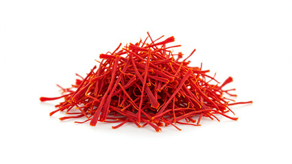 Naklejka premium A vibrant pile of delicate, red saffron threads isolated on a stark white background.