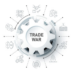 Gear-style central icon labeled trade war concept surrounded by line-style icons representing tariff, import, export, sanction and policy conflict, vector illustration