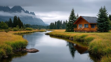 Fototapeta premium Tranquil river cabin landscape