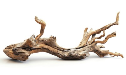 Weathered piece of driftwood with intricate curves and textures is shown isolated against a white background.