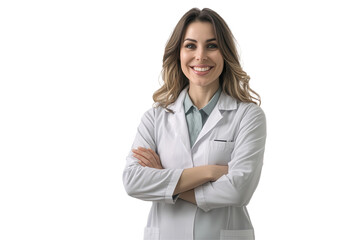 Happy female pharmacist standing confidently in a bright pharmacy surrounded by various medications and healthcare products during working hours
