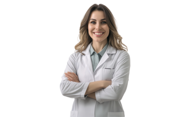 Happy female pharmacist standing confidently in a bright pharmacy surrounded by various medications and healthcare products during working hours