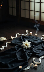 Asian Mourning Interior Scene with white flower and silk black kimono
