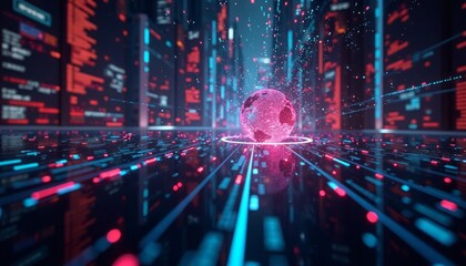 Fototapeta premium Digital sphere in a high-tech futuristic environment with data streams and code displays