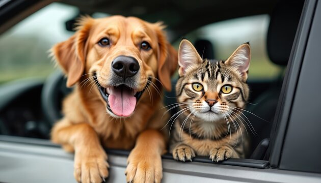 Golden retriever dog and tabby cat look out car window. Best friends travel together. Dog, cat enjoy road trip vacation, happy to have fun. Cute pets travel on summer adventure.