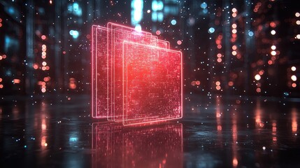 Glowing Red Translucent Cube in Cyberpunk Cityscape