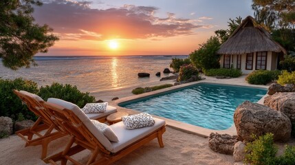 Fototapeta premium Tropical beachfront sunset pool scene