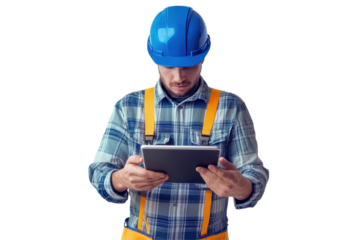 Manual worker in blue helmet inspecting digital plans on tablet at construction site during daylight hours
