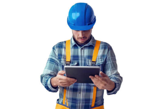 Manual worker in blue helmet inspecting digital plans on tablet at construction site during daylight hours