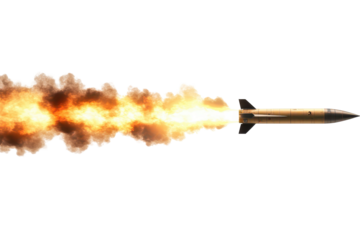 Missile rocket with a fiery trail flying against a clear backdrop showcasing advanced propulsion technology and military capabilities