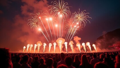 Spectacular fireworks display illuminates the night sky above a large crowd of spectators