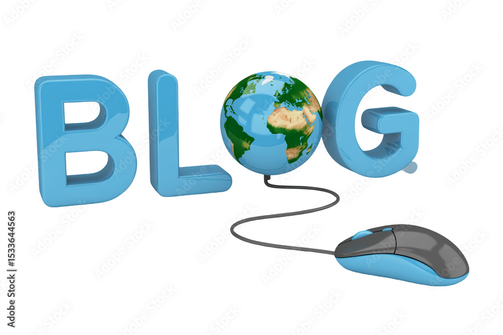 Fototapete a blue blog text with a globe in place of the o connected to a computer mouse on white background
