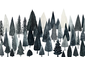 Modern monochrome illustration featuring various tree types in a harmonious arrangement within a forest setting