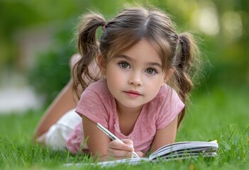 A little girl is lying on the grass, holding an open book and writing with a pen in her hand.