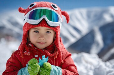 A cute little boy wearing colorful ski goggles and a red snow suit is standing on the snowy mountain, smiling happily at his parents in front of him