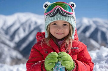 A cute little boy wearing colorful ski goggles and a red snow suit is standing on the snowy mountain, smiling happily at his parents in front of him