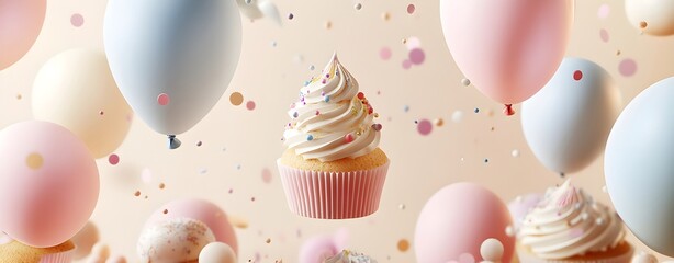 Floating cupcake with pastel balloons and colorful confetti creates a dreamy, festive celebration mood. Ideal for birthdays, baby showers, or party invitations.