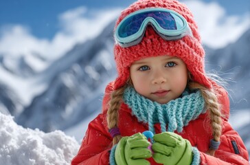 A cute little boy wearing colorful ski goggles and a red snow suit is standing on the snowy mountain, smiling happily at his parents in front of him
