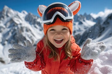 A cute little boy wearing colorful ski goggles and a red snow suit is standing on the snowy mountain, smiling happily at his parents in front of him
