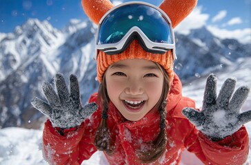 A cute little boy wearing colorful ski goggles and a red snow suit is standing on the snowy mountain, smiling happily at his parents in front of him