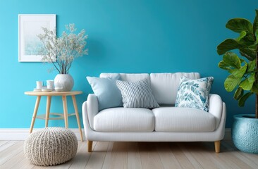 Modern living room with a blue wall, a white sofa, and a side table. Simple interior design of a home or apartment
