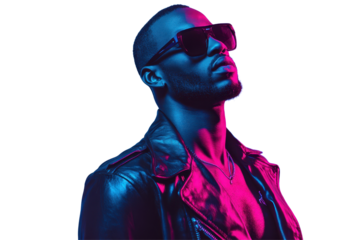 Vibrant neon portrait of an African American man against a bold blue and pink background showcasing modern style and confidence