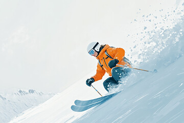 Side view of athlete skier in orange gear descending a snow-covered slope