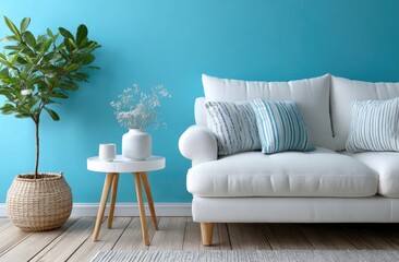 Modern living room with a blue wall, a white sofa, and a side table. Simple interior design of a home or apartment