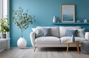 Modern living room with a blue wall, a white sofa, and a side table. Simple interior design of a home or apartment