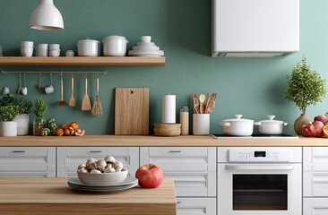Stylish kitchen with gray cabinets and a green wall, a white countertop on which there are cooking equipment such as pots, plates of food, and fruits