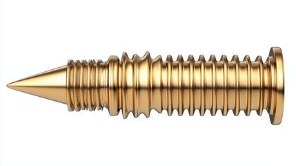 Golden Metallic Screw with Pointed Tip and Detailed Threading on White Background