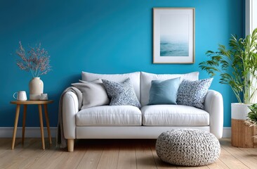 Minimalist living room with a blue wall, a white sofa and side table, and a gray picture frame on the wall